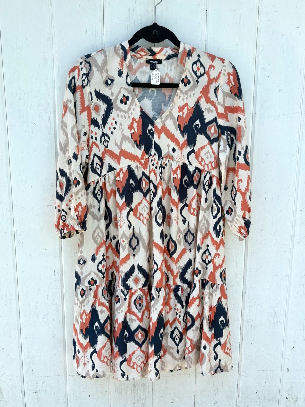 Mexx Boho Ikat Print Tiered V-Neck Dress - Neutral with Navy & Rust